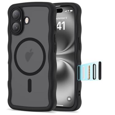 Imagem de BTBTCASE Capa compatível com iPhone 16 de 6,1 polegadas 2024, linda moldura ondulada kawaii à prova de choque translúcida fosca protetora magnética 16 para mulheres e meninas, preta