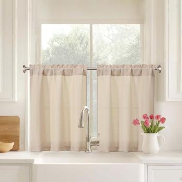 Imagem de Ebesto Conjunto de 2 painéis de cortinas de cozinha Farmhouse, 76 cm de comprimento, cortinas de linho sintético de tecido macio para acampamento de porão de banheiro de meia janela pequena, bolso de