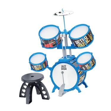 Imagem de YIJU Conjunto de bateria infantil inclui baquetas, banco, instrumento musical, brinquedo educacional de PVC, brinquedo musical para atividades de, Borda Azul