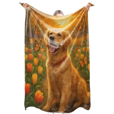 Imagem de zbezbe Cobertor de flanela Golden Retriever, cobertor de cachorro com flor de tulipa borboleta e pôr do sol, leve, macio, aconchegante para cadeira, cama, sofá, acampamento, viagem, decoração de casa