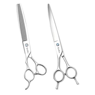 Imagem de Mão esquerda 7.5in profissional curvo diluindo cão tesoura de cuidado,JP440C aço tesoura de animais de estimação para cães gatos,Pega ergonômica