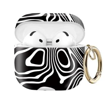 Imagem de Capa protetora compatível com AirPod 4 com chaveiro dourado para AirPods de quarta geração de 2024. Capa protetora de fone de ouvido sem fio à prova de choque, poeira (padrão preto e branco)