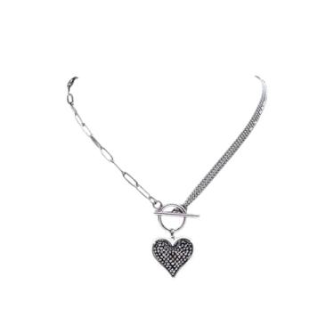 Imagem de Colares femininos de cristal preto de aço inoxidável com coração e prata - colar romântico para ela, perfeito para aniversário ou dia dos namorados