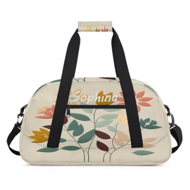 Imagem de Bolsa esportiva personalizada com folhas de flores vintage coloridas com nome, bolsa de dormir personalizada, bolsa de fim de semana, bolsa de treino para dança, balé, academia, ginástica, mala