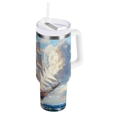 Imagem de Blueangle Copo isolado de 850 g com alça e tampa de canudo - Caneca de viagem de aço inoxidável à prova de vazamento, garrafa de água grande para navio de cortador de parede dupla (993)
