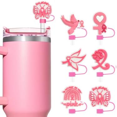 Imagem de 6 peças novas capas de canudo rosa para copos Stanley – lindos topos de silicone reutilizáveis de 10 mm para copos de 850 g/1,134 g com alça, capas de ponta de palha, acessórios duráveis para copos