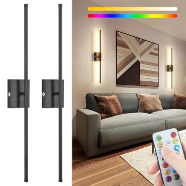 Imagem de Conjunto de 2 arandelas de parede operadas por bateria de 80 cm, 10000 mAh recarregável com controle remoto, arandelas RGB reguláveis sem fio, decoração de parede para quarto, sala de estar, corredor