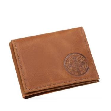 Imagem de Carteira Em L Couro Alta Qualidade Porta Cartao Documentos Cedulas Estampa Medalha São Bento-Masculino