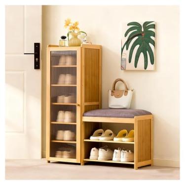 Imagem de SPXMQSS Sapateira de bambu, banco de entrada com almofada macia 2 em 1, banco de sapatos e armário de armazenamento com prateleiras removíveis para entrada, sala de estar, quarto, cor de madeira 85 x