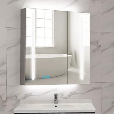 Imagem de SPXMQSS Armário de banheiro de LED, armário espelhado de LED, luz de 3 cores com prateleiras, armários de banheiro espelhados com luzes de beleza de escurecimento contínuo, unidades de armazenamento