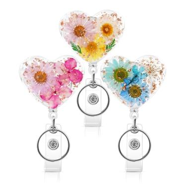 Imagem de KJQJLY 3 peças de carretel de crachá de flor retrátil, suporte de crachá de enfermeira, carretel de crachá de enfermeira com chaveiro, suporte de crachá de resina floral seca, clipe de identificação