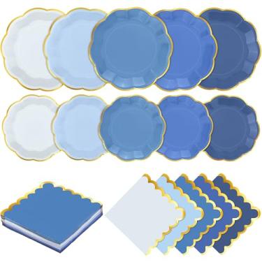 Imagem de Kochorie Conjunto de pratos e guardanapos de papel azul empoeirado com 100 peças de pratos e guardanapos de papel recortado de folha dourada para decoração de aniversário, casamento, chá de bebê