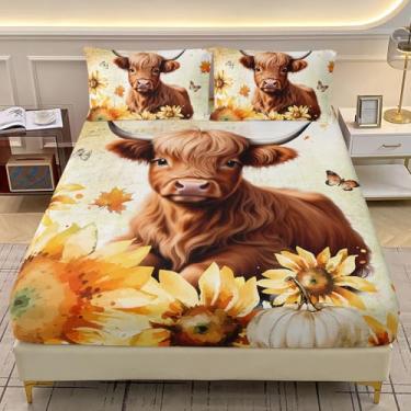 Imagem de AILONEN Jogo de cama solteiro fofo de vaca Highland Tamanho GG para crianças e adolescentes, girassol amarelo com 2 fronhas, jogo de lençol com elástico de 3 peças para todas as estações