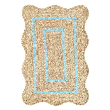 Imagem de Weaving Village Tapete de juta natural ondulado - caminho de entrada boho, vieira de fazenda, azul celeste (5 x 7 cm)