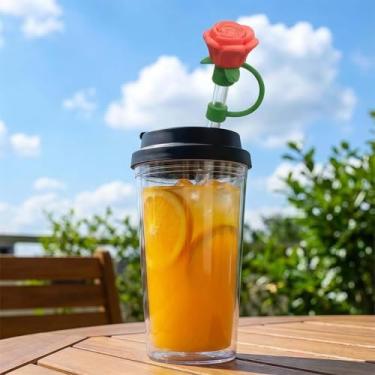 Imagem de Cobertura de palha de silicone de 8 a 10 mm com design de flor fofa, conjunto de capas de canudos reutilizáveis à prova de poeira inclui canudos, tampas de palha de grau alimentício para copo e copo