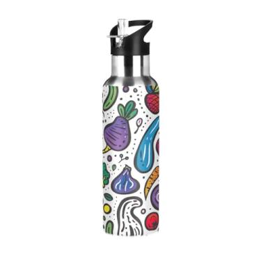 Imagem de Wassud Garrafa de água esportiva de aço inoxidável com canudo garrafas de água com isolamento de palha, copo de legumes portátil de desenho animado 623 g