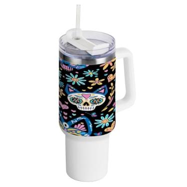 Imagem de Kigai Copo de caveira fofo de 1,134 g com tampa e canudo, copo isolado de aço inoxidável durável à prova de vazamento com alça, garrafas de água à prova de derramamento para viagens