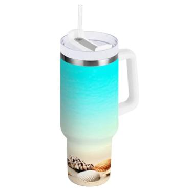 Imagem de Kigai Copo térmico de 1,134 g com alça, estrela do mar e conchas de praia com tampa e canudo, garrafa de água esportiva de metal grande, caneca de café de viagem de aço inoxidável