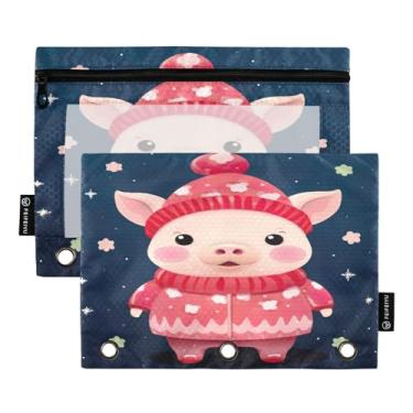 Imagem de Wassud Pacote com 2 pastas de fichário de porco de Natal com chapéu de Papai Noel, pastas de bolso com 3 furos, organizador de fichários para casa, escritório