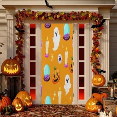 Imagem de Wassud Decoração de capa de porta Halloween Boo Pumpkins banner interno externo varanda decoração de casa grande decoração de porta da frente 89 x 199 centímetros