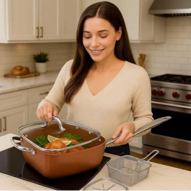 Imagem de Caçarola Antiaderente Cerâmica 24cm – Multifuncional 5 em 1 – Inclui Rack e Tampa – Uso em Forno e Fogão – Ideal para Cozinhar, Fritar e Cozimento a Vapor – Pode Ir ao Forno, Fogão e Lava-Louças