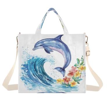 Imagem de Burbuja Sacola feminina golfinho aquarela, bolsa tiracolo de veludo cotelê, bolsa transversal para compras, trabalho, viagem, P, B29, Small