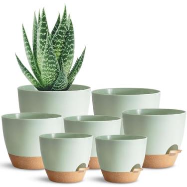 Imagem de SE SUN-E Vaso de plantas autoirrigável com orifício de drenagem, vasos de plantas de flores para todas as plantas de interior, plantadores de plástico verde moderno autoirrigável vaso de suculentas 7 peças/conjunto