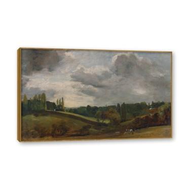 Imagem de Moldura de teca. Arte em tela romantismo estilo constable (paisagem 65), pintura de paisagem inglesa emoldurada, decoração de parede elegante para sala de estar escritório. 70 x 112 cm - 27,6 x 44,0