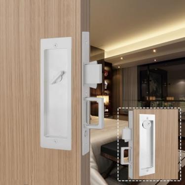 Imagem de AcxdJnye Ferragens de fechadura de porta de bolso com puxador, maçaneta pop-up de porta deslizante, ferragens de bloqueio de porta de bolso de privacidade, chave, prata