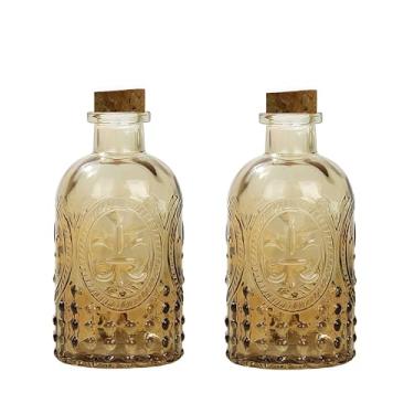 Imagem de Gyaxiang 2 frascos difusores de palheta de vidro âmbar, frascos decorativos com difusor de boticário com tampa de cortiça, vaso de flores pequeno, recipiente de aromaterapia para difusor de