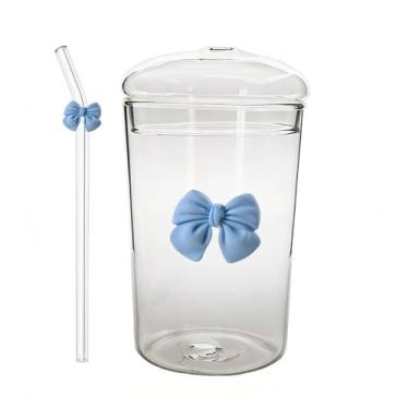 Imagem de Copo de vidro com tampa e canudo de laço – Copo de bebida transparente estético de grande capacidade para suco, café e chá – Utensílios de bebida reutilizáveis fofos para casa, festas e presentes