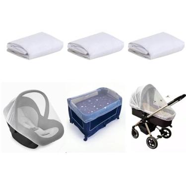 Imagem de Kit 3 Mosquiteiro Universal Portátil para Carrinho, Berço, Bebê Conforto e Cadeirinha, Branco, Malha Fina Respirável, 1m x 1,50m