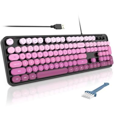 Imagem de MOFII Teclados de computador com fio, teclado de máquina de escrever USB tamanho completo, bonito teclado estético colorido com suportes dobráveis para Windows, PC, laptop (gradiente preto e rosa)