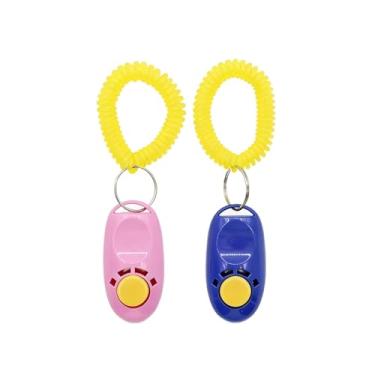 Imagem de Pacote com 2 clicker para treinamento de animais de estimação com alça de pulso (azul + rosa), universal para cães e gatos - Ferramenta de treinamento de comportamento, clicker conveniente e eficaz