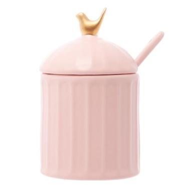 Imagem de Açucareiro de Cerâmica Colibri Com Colher e Tampa Rosa 7x7x10,5cm - Wo