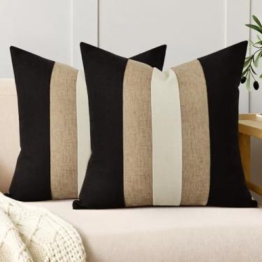 Imagem de QoBexim Conjunto de 2 capas de almofada decorativas de algodão e linho, 45,7 x 45,7 cm, preto e cáqui, decoração de casa de fazenda, moderna, para sofá, decoração de casa ao ar livre