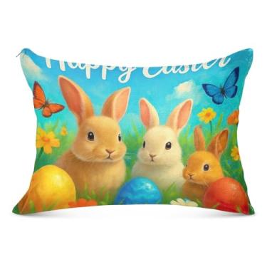 Imagem de Capa de almofada de flanela de Páscoa com flores fofas de coelhos, decorativa, tamanho Queen, King Size, confortável, roupa de cama macia, tamanho padrão, 51 x 66 cm