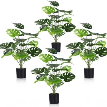 Imagem de Giegxin Pacote com 4 plantas falsas de 71 cm de altura Monstera artificiais em vaso sintético 18 folhas decorativas verde sálvia para decoração de casa e árvore
