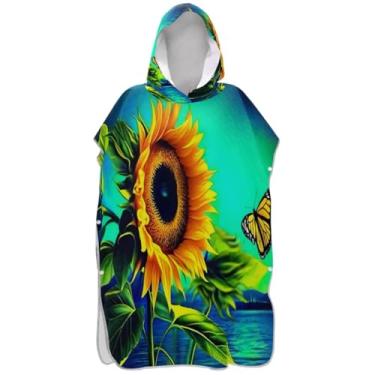 Imagem de Joisal Poncho de surf reutilizável para adultos trocador com capuz toalha de banho bonito amarelo girassol borboleta verde ponchos de praia para homens
