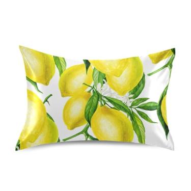 Imagem de Fronhas refrescantes florais personalizadas padrão king queen fronhas de cetim fronha de cama queen size 76.2 cm x 50.8 cm aquarela amarelo limões branco