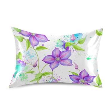 Imagem de Fronhas legais refrescantes arte fofa padrão king queen travesseiros chinelos cama cetim almofada decoração queen size 76.2 cm x 50.8 cm aquarela clematis roxo branco