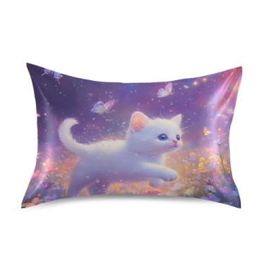 Imagem de Starlight Meadow Cute Cat Standard King Queen Fronhas de cetim para decoração de cama de resfriamento de cabelo capa de travesseiro tamanho king 101,6 cm x 50,8 cm