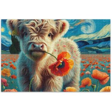 Imagem de Quebra-cabeça Highland Cow Bezerro Poppy Noite Estrelada Adulto 1000 Peças Decoração de Pintura Animal Personalizada Natureza Puzzle Game Tech Gifts, 75 x 40 cm