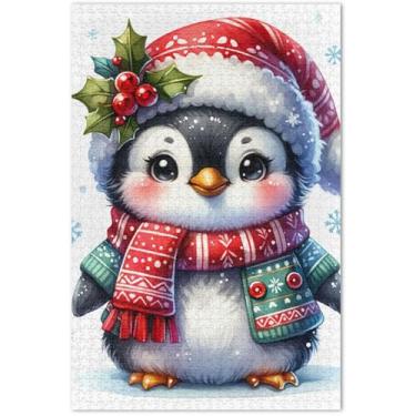 Imagem de Quebra-cabeça de Natal de pinguim fofo 1000 peças para adultos divertidos para a família boba, quebra-cabeças divertidos com pintura de animais, 75 x 40 cm