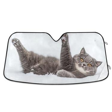 Imagem de Guarda-sol de carro com arte de gatinho cinza brincalhão personalizado para-brisa retrátil dobrável caminhão carro sombra frontal para-brisa automotivo M, 139,7 cm x 70,1 cm