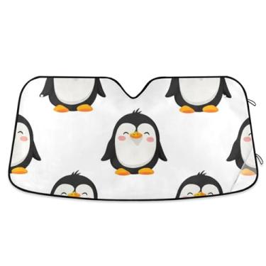 Imagem de Guarda-sol de carro branco com pinguins de desenho animado personalizado para para-brisa protetor solar dobrável universal para para-brisa dianteiro de carro impressões de animais L, 144,8 cm x 80 cm
