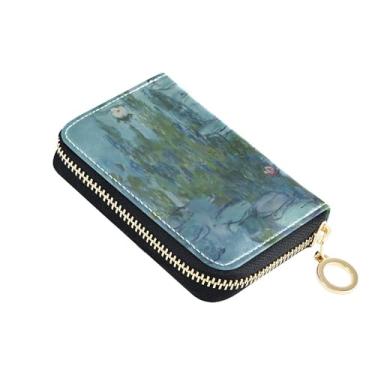 Imagem de Carteira feminina com bloqueio de RFID, carteira pequena de couro com zíper, porta-moedas com chaveiro, nenúfares e pintura Claude Monet
