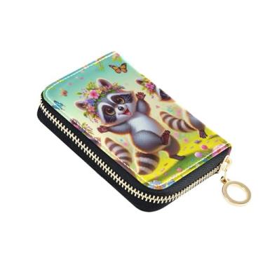 Imagem de Carteira feminina de couro com estampa de guaxinins para cartões de crédito, bloqueio de RFID, porta-moedas com zíper