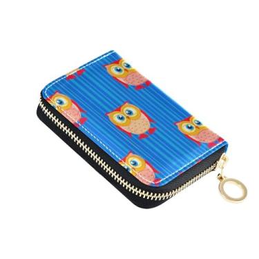 Imagem de Carteira de couro feminina com porta-cartões fofa, bloqueio de RFID, zíper ao redor do zíper, carteira de viagem com chaveiro, lindas corujas e listras azuis