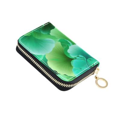 Imagem de Carteira feminina de couro com protetor de cartão de crédito com bloqueio de RFID e zíper e folhas de ginkgo verde azul-petróleo
